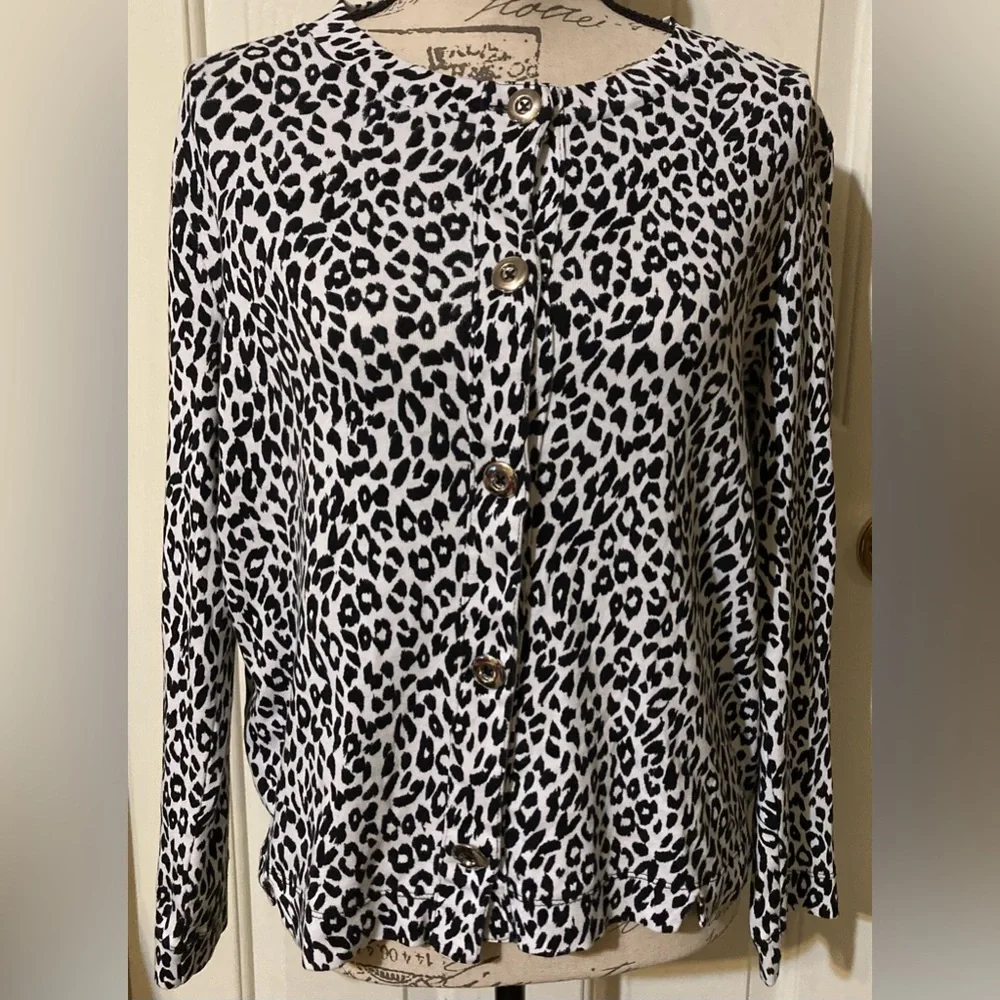Ladies Size Large Rafaella Leopard Button Down Sweater - Picture 1 of 14